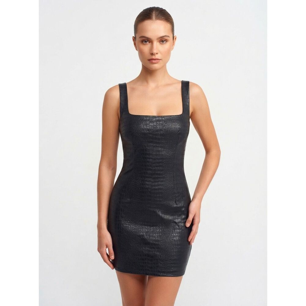 Naked Wardrobe Black Croc Embossed Vegan Leather Mini Dress Small